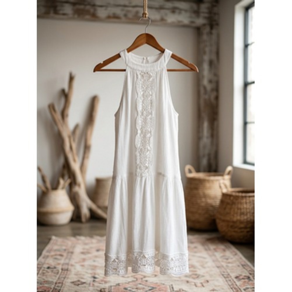 La Blanca White Cotton Halter Mini Dress Sleeveless Resort Boho Sundress Gown